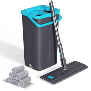 Eukue Serpillère Seau Essoreur, Balai Serpillere Microfibre avec 6 Tampons Réutilisables et Manche en Acier Inoxydable, 2en1 Sceau Menage Essoreur, Serpillère et Seau pour Nettoyage Sol- Gris