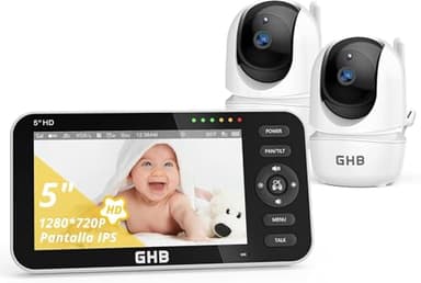 GHB Babyphone avec 2 caméras, écran 5 pouces 720P HD avec jusqu'à 168h d'autonomie de la batterie en mode VOX sommeil, fonction interphone, vision nocturne et affichage de la température