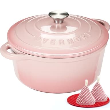 Overmont Cocotte en Fonte Émaillée - Ø26 cm Casserole Antiadhésive Avec Couvercle et Maniques en Coton - Batterie de Cuisine Robuste pour Braiser Ragoûts Rôtir Pain - Rose pastel