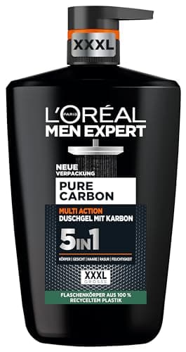 L'Oréal Men Expert XXXL Gel douche et shampooing 5 en 1 pour homme, bain douche pour nettoyer le corps, les cheveux et le visage, soin du corps pour homme pour une fraîcheur longue durée au carbone, 1