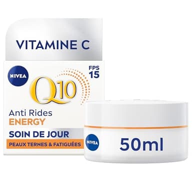 NIVEA Q10 Energy Soin de Jour FPS15 (1x50 ml), crème anti rides enrichie en Q10 pur & Vitamine C, crème anti-âge pour un teint éclatant, soin visage énergisant pour peaux ternes et fatiguées