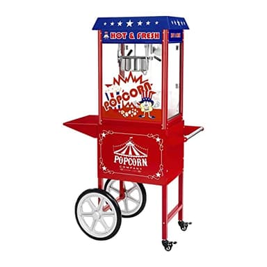 Royal Catering Machine à Popcorn (1.500W, rendement horaire 5 kg/h, 16 L/h, diamètre de la cuve 18 cm, récipient antiadhésif, rouge avec chariot) Design américain