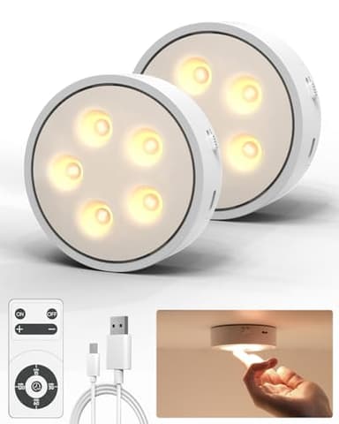 Pack de 2 Veilleuses LED Rechargeables USB avec Télécommande - Lampe pour Cuisine, Placard, Escalier - Spot Sans Fil à Lumière Chaude, Minuterie et Gradation
