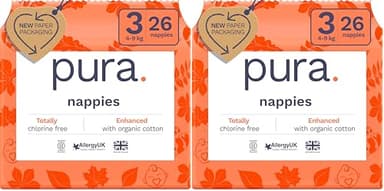 Pura Couches Écologiques Taille 3 (4-9kg), 2 Paquet de 26 Ultra Douces pour Peau Sensible, en Coton Bio, 12 Heures de Protection