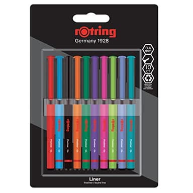 rOtring stylos-feutres à pointe fine | 0,4 mm | Stylos de couleurs pour l’écriture et le dessin | Emballage sans plastique | Couleurs assorties | Lot de 10