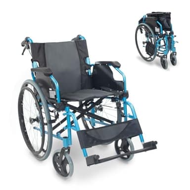 Mobiclinic®, Bolonia, Fauteuil roulant, Pliable et léger, Aluminium, Dossier divisible, Repose-pieds amovible, Accoudoirs pliants, Pour adultes, Bleu