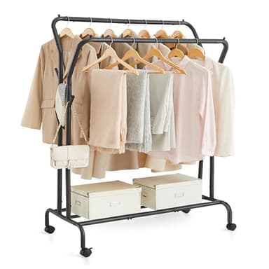 SONGMICS Portant à Vêtements avec roulettes, Double Barre, Porte-Manteau, en Acier, Charge 100 kg, Largeur de 103,5 cm, Rangement Polyvalent, Noir HSR107B01
