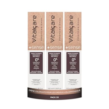 Vitalcare | +Sense, Coloration Permanente Professionnelle, Crème Colorante Cheveux, Sans Ammoniaque, Résorcine, PPD, Silicones, Avec Huile d'Argan, Macadamia et Avocat, 4/00 Brun, 3 pcs x 100ml