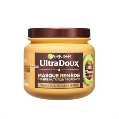 Garnier Ultra Doux - Masque pour Cheveux Secs, Ondulés, Bouclés ou Crépus - À l'Huile d'Avocat et Beurre de Karité - Texture Riche et Onctueuse - 340 ml - Homme & Femme
