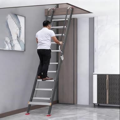 Escalier Escamotable Escalier de Sécurité pour Mezzanine en Aluminium, 8 9 10 11 12 13 Marches ; Escalier de Grenier Escamotable avec Rampe ; Échelle de Lit Superposé(Black,8 Step-257cm (8.4ft))