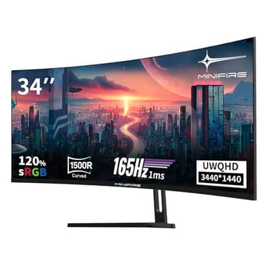 Minifire Écran PC Gaming Incurvé 34 Pouces, 2K UWQHD(3440x1440),1ms MPRT, 165Hz(DP), 100Hz(HDMI), AMD FreeSync, Moniteur Gaming 1500R, VA Panel, 2xHDMI 2.0/1xDP 1.4 Ports(MFG34C5Q câble DP Inclus)