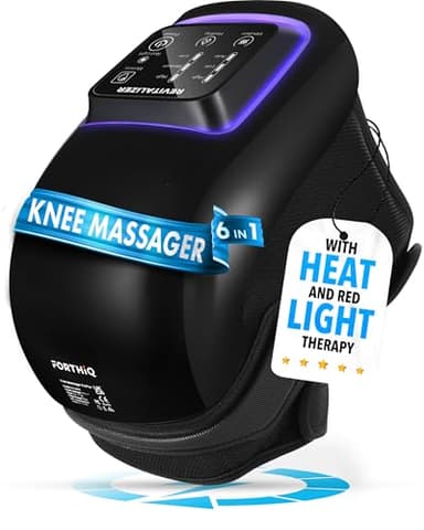 FORTHiQ Pro+ Massage Genoux avec Chaleur et Lumière Rouge, 6-en-1: Chaleur, Lumière Rouge à Double Longueur d'Onde et Vibration – Sans Fil, Portable, Rechargeable, Fonction Mémoire, Bandes Ajustables