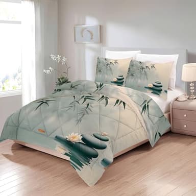 Lotus Couette 240x260 4 Saisons - Style Japonais Imprimée, Motif Floral, 2 Personnes, Lavable Sans Housse, Édredon Réversible Avec 2 Taies d'Oreiller U-713
