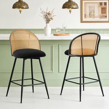 Bekrvio Lot de 2 tabourets de Bar rotatifs - Charge maximale : 150 kg - en rotin avec Dossier - Tissu bouclé - Hauteur d'assise : 65 cm - avec Pieds en métal - pour Cuisine, Bar et Salon