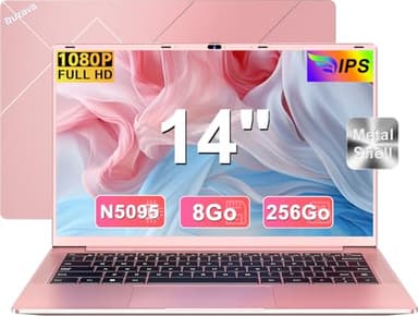 Ordinateur Portable 14 Pouces Celeron N5095 8Go LPDDR4 Win11 256Go SSD Extension1To 5G WiFi Laptop 5000mAh 1920x1080 FHD PC Portable avec Souris sans Fil & AZERTY Membrane du Clavier - Or Métal Laptop
