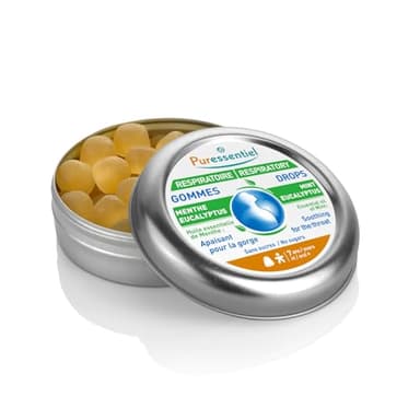 Puressentiel - Respiratoire - Gommes Menthe Eucalyptus à l'Huile Essentielle de Menthe - Apaisant pour la gorge - Sans sucre - 45 g