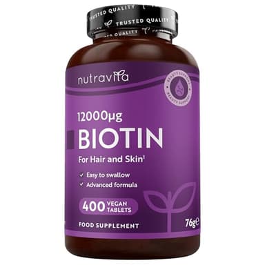 Nutravita Biotine Cheveux 12000 mcg - Complement Alimentaire Cheveux 400 Tablettes pour +1 an d'utilisation - Vitamine B7 et B8 - Vitamine Cheveux