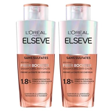 L'ORÉAL PARIS – Elseve Fiber Booster - Lot de 2 Shampooings Anti-Chute - Pour Cheveux Clairsemés - Sans Sulfates - Freine la Chute et Redensifie - Enrichi en Aminexil-R - Hommes et Femmes - 2 x 200ml