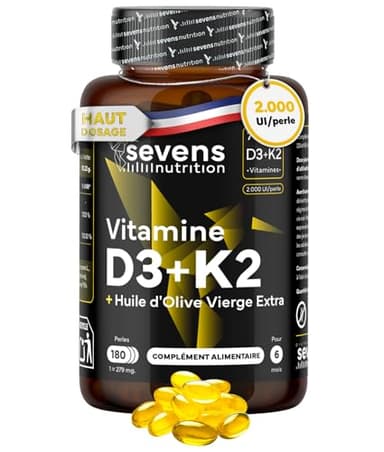 Vitamine D3 K2 MK7 - Vitamin D3 2000UI - Vitamine K2 MK7 100 µg - Avec de l'Huile d’Olive Vierge - 180 Softgels Sans Gluten - Hautement Dosé, Haute Biodisponibilité - Os, Muscles, Système Immunitaire