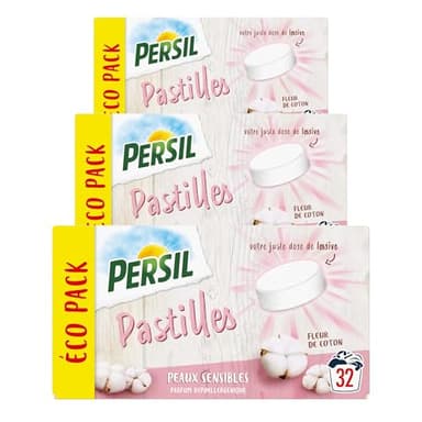 Persil Lessive en Pastilles Peaux sensibles, 96 lavages, parfum fleur de coton hypoallergénique, testé dermatologiquement (lot promo de 3x32)