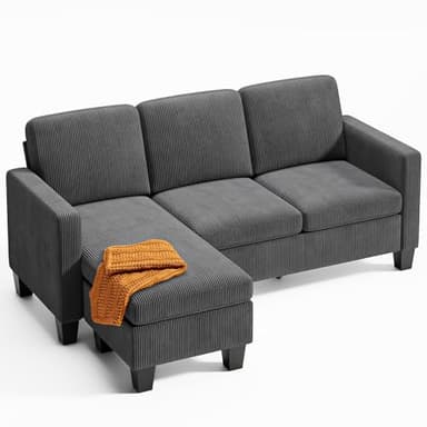 Xbro Canapé d'angle 3 Places en L avec Chaise Longue Fixe, Canapé 3 Places Rembourrage en éponge Haute Résilience, Tissu en Velours Côtelé Doux, Gris Foncé