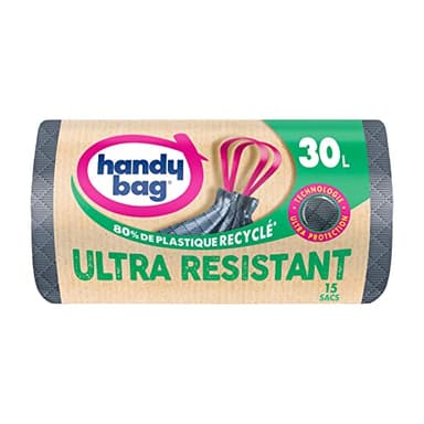 Handy Bag - Sacs poubelle à poignées coulissantes Ultra Résistant 30L x 15 sacs - Ultra Protection : trame et film triple épaisseur - Fond anti-fuite - Étanchéité maximale - 100% plastique recyclé