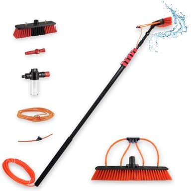 Brosse nettoyante et Lavage Extensible 7 m avec Eau à Pression - Nettoyeur de fenêtres, Murs et Voitures, bâton télescopique, Balai avec Eau et Savon, nettoie plaques et Panneaux solaires