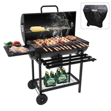 TEENO Chariot à Barbecue de Bois,Grill XXL à Charbon avec Couvercle, Thermomètre,Tiroir à Cendres,Comprend une housse en tissu imperméable et anti-poussière, Évent Réglable