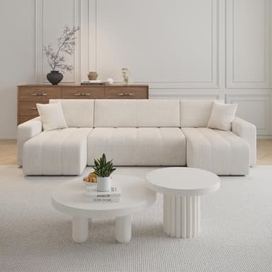 Mobilier-Deco Alicia - Canapé panoramique Convertible avec Coffre en Velours côtelé Beige