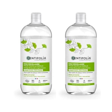 CENTIFOLIA | Eau Micellaire | Nettoyante & Démaquillante | Élimine le maquillage Waterproof | Peau Propre & Confortable | Peaux Même Sensibles | 99% Naturel | Fabriqué en France | Lot de 2x500 mL