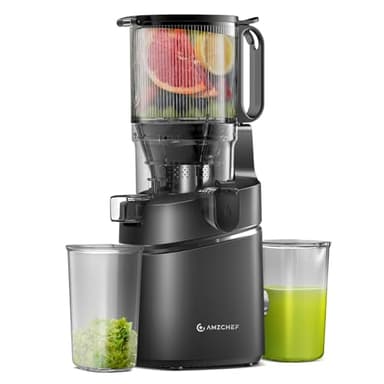 AMZCHEF Extracteur de jus lent automatique Vos mains libres, Ouverture de 135 mm et capacité de 1,8 L, pour fruits et légumes entiers, 250W avec triple filtre - Noir