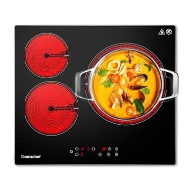 AMZCHEF plaque vitrocéramique 3 feux, plaque de cuisson 3 plaques 5400W avec 9 niveaux, grande surface de 2400W, arrêt automatique, minuterie, verrouillage de sécurité,Noir