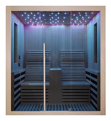 Cabine infrarouge sauna infrarouge Carbon 2, pour 2 personnes, avec éclairage LED starlight, lecteur MP3 avec Bluetooth, 14 plaques chauffantes en carbone, sièges relaxation