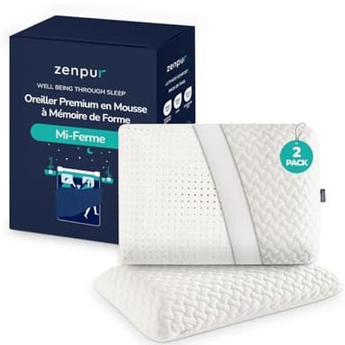 ZenPur Lot de 2 Oreillers Cervicaux Mémoire de Forme 40x60 - Coussins Ergonomiques Anti-Douleurs Cervicales - Mi-Ferme, Housse Bambou Premium, Certifié Oeko-TEX