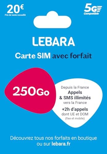 Lebara SIM - appels et SMS illimités France + 2h d'appels vers 43 Pays + 250Go - prête à l'emploi