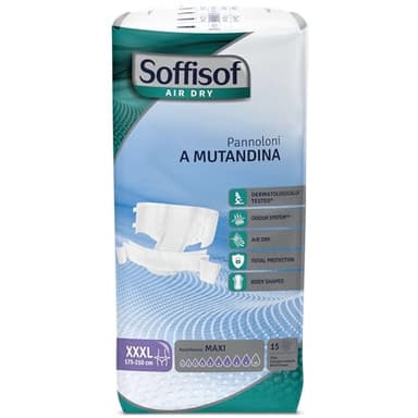 Soffisof Air Dry Couches Adultes Maxi XXXL - 15x Couche Adulte Incontinence, Absorption 9 Gouttes, Change Complet Adulte Taille XXXL (175-210 cm) - Paquet Individuel