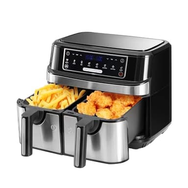 Air Fryer avec Double Compartiment, Emphsism Friteuse Sans Huile 9L Avec 8 Programmes 2600W, Friteuse à Air Chaud, Fonctions Match Cook & Smart Finish, Friteuse Electrique avec LED Écran Tactile