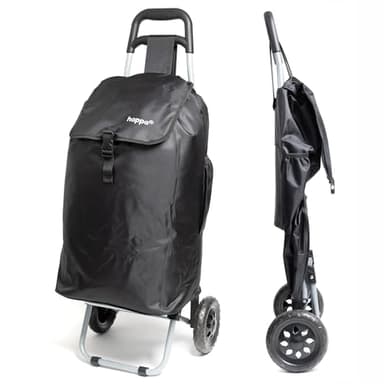Hoppa 47L Chariot à roulettes léger à 2 Roues - Chariot de Courses Pliable et résistant - Poussette de marché imperméable de qualité supérieure - Sac de Chariot de Courses avec Poche - Noir