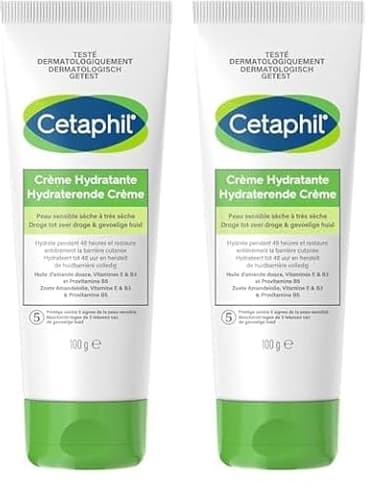 Cetaphil crème hydratante corps, 100g, Visage et corps, peaux sensibles sèches à très sèches, Crème corps hydratante, Niacinamide, Panthénol et de la glycérine, sans parfum (Lot de 2)