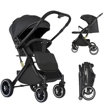 Poussette Canne, Poussette Bebe Légère et Compacte, 3 positions d'inclinaison, 0 à 4 ans (25 kg max), position allongée, pliable à une main, 4 roues avec amortisseurs, avec un Grand Panier (Noir)