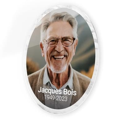 Médaillon funéraire commémoratif Ovale Personnalisable avec Photo, Plaque funéraire avec ou sans Bordure, en plexiglass, Fixation adhésive, Format 9x12 cm