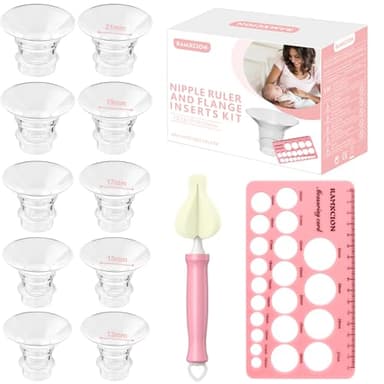 10 PCS Inserts de Bride 13/15/17/19/21mm, Accessoires D'allaitement Compatibles Avec la Plupart Des Pompes à Lait Électriques Et Manuelles, Avec Brosse De Nettoyage Et Carte De Mesure Pour Mamelons