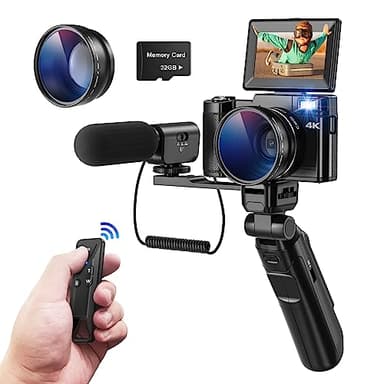 CCN Appareil Photo numérique 4K, 48MP avec 180 ° Flip 3.0" écran, 16X Zoom numérique Compact avec trépied et Microphone, avec lentille Grand Angle et lentille Macro, télécommande, 32GB TF Carte, Noir