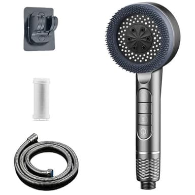 Pommeau de Douche Haute Pression, Pommeau de Duche Economie Deau avec Tuyau Douche 1.5M et Support de Douche, Pommeau de Douche Filtrant avec 4 Types de Jets, Pommeau de Douche économique