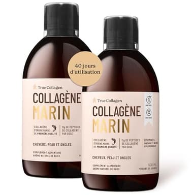 True Collagen Marine | Complément liquide de collagène hydrolysé 11 000 mg - 2 x 500 ml (1 000 ml) 40 jours d'approvisionnement | Acide hyaluronique biotine et vitamine C pour des cheveux une peau et
