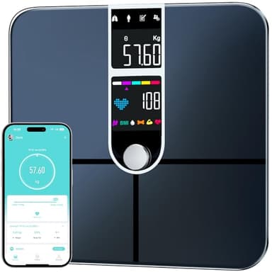 Balance Pèse Personne, Balance Connectée Impédancemètre, Pese Personnes Connectée avec Grand Écran, Balance Connectée Bluetooth, avec 22 Valeurs de Mesure, Fréquence Cardiaque, Masse Musculaire, BMI
