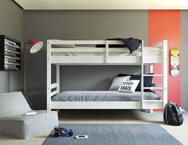 Inter Link – Lit Superposé pour enfants –Bois de pin massif – Avec échelle – 2 couchages 90 x 190 cm – Avec 2 sommiers à lattes – Barrière de sécurité - Rick – Vernis blanc, 90x190cm