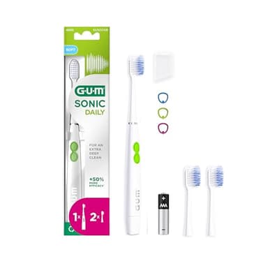 GUM SONIC DAILY Brosse à dents sonique électrique à piles | Pour un nettoyage en douceur et en profondeur | 1x brosse à dents, 2x têtes de brosse de rechange, 1x pile AAA (Blanc)