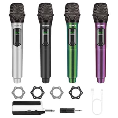 talomen Microphone sans Fil Professionnel, système de Microphones Quadruple 2,4 GHz, Micro karaoké Dynamique Rechargeable avec récepteur, portée 160ft, pour Chant, fête, K604 Argent Noir Vert Pourpre