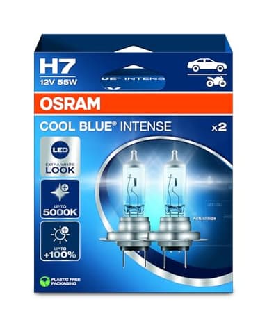 OSRAM COOL BLUE® INTENSE H7, +100% de luminosité en plus, jusqu'à 5 000K, lampe phare halogène, look LED, Boîte pliante suspendue (2 lampes)